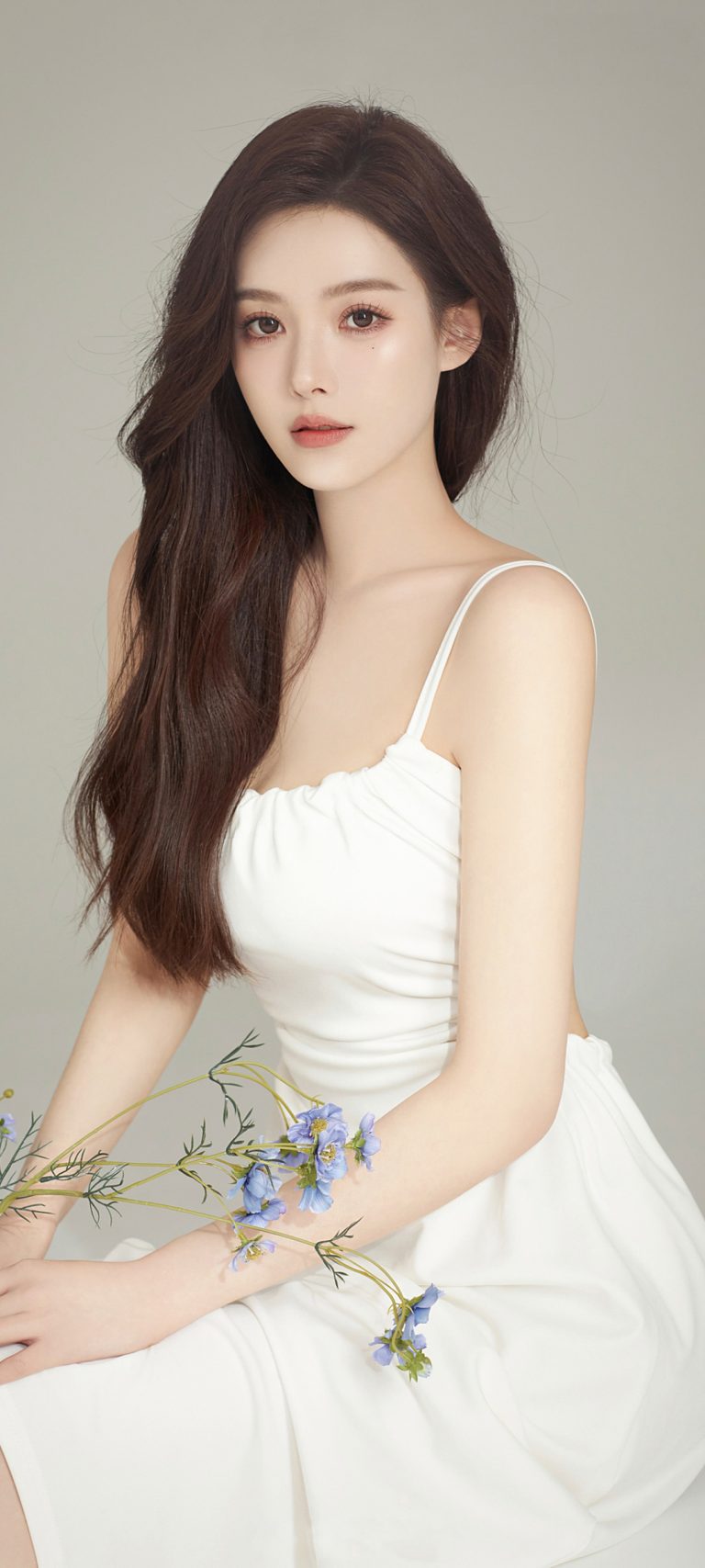 好看白色裙子长发美女手机壁纸