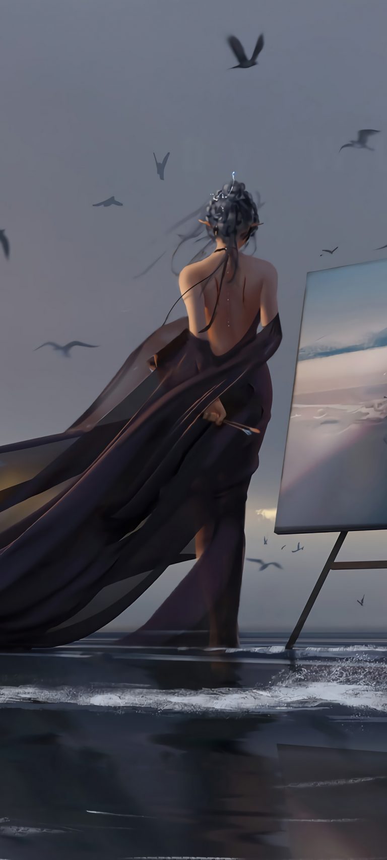 海边 美女 黑色长裙子 背影 画画 唯美