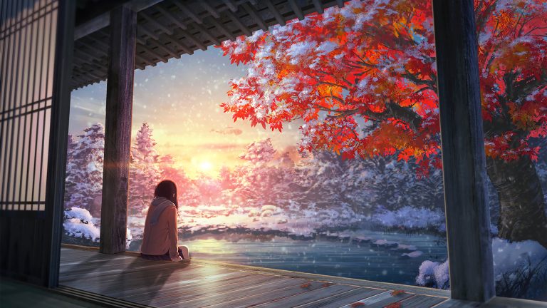 女孩 围巾 冬天风景 晚霞 唯美动漫风景壁纸